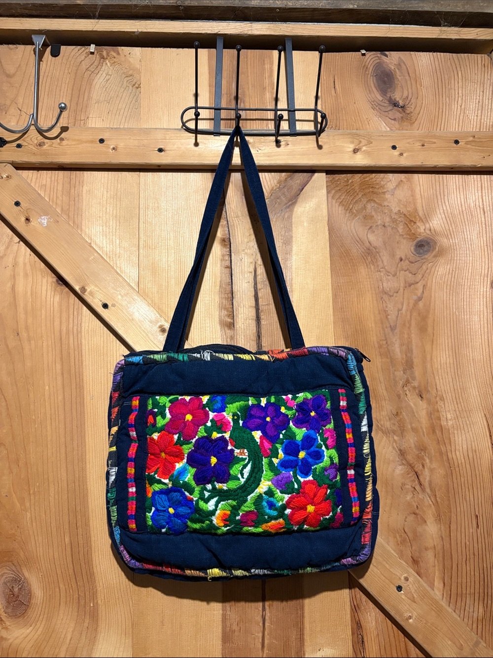 Embroidered Floral Navy Shoulder Bag with Multicolor Accents